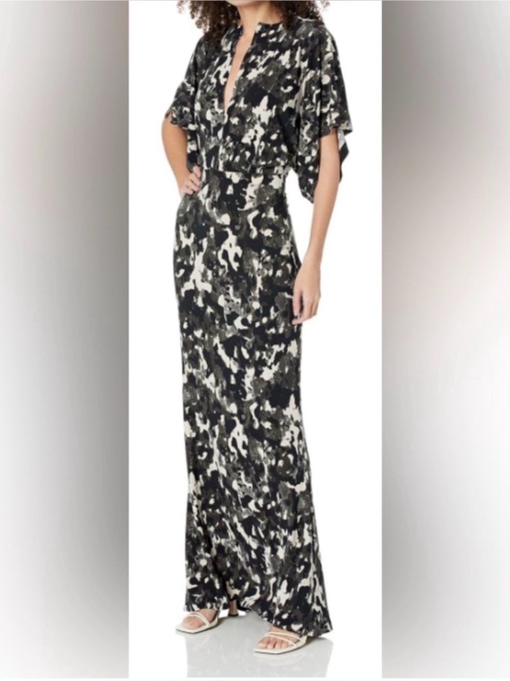Norma Kamali Obie Black/Khaki Printed Maxi Dress
